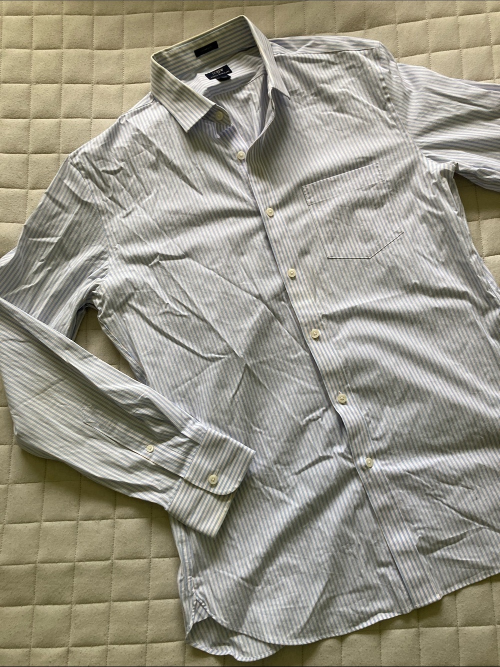 J. Crew Men's White and Light Blue Striped Dress Shirt